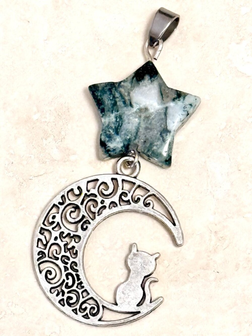 2/$20, Genuine White Green Tree Agate Star & Silver Cat on the Moon Pendant